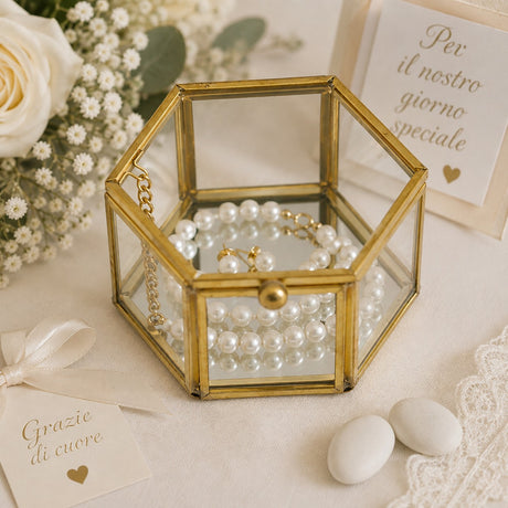 L'Arcolaio Gold Glass Small Hexagonal Jewelry Box 4.5x8x8 cm Elegant Jewelry Container