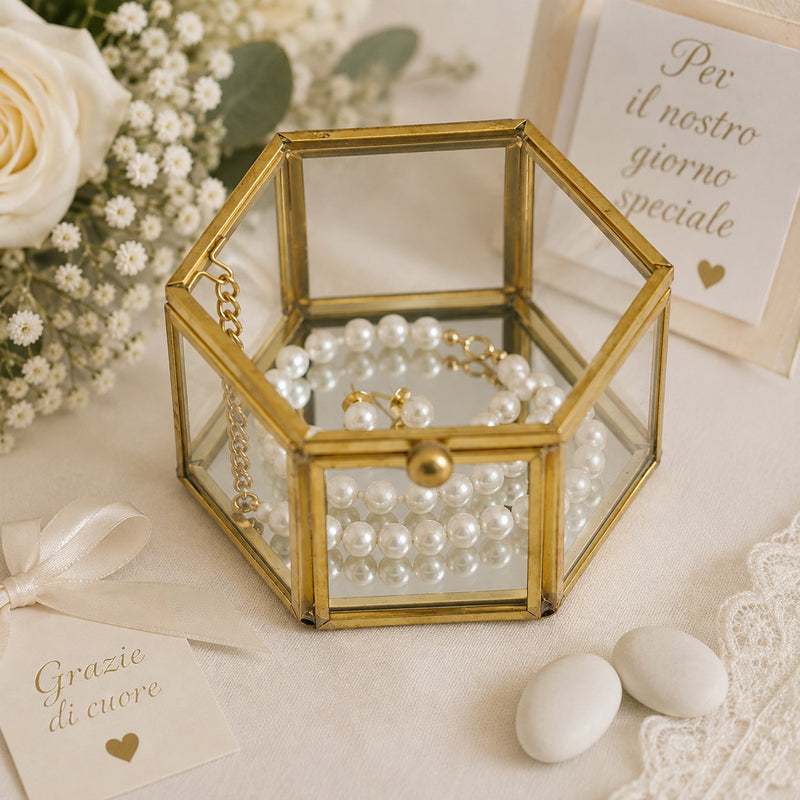 L'Arcolaio Gold Glass Small Hexagonal Jewelry Box 4.5x8x8 cm Elegant Jewelry Container