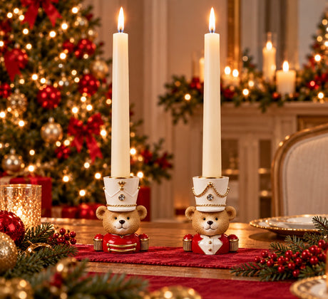Preziosa Home Set 2 Christmas Candle Holders in the Shape of a Bear 9 x 6 x 11 Cm Polyresin