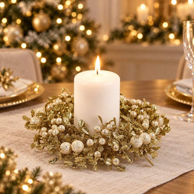 EDG Enzo De Gasperi Corona Natalizia con Bacche e Foglie Ø18 cm Champagne – Decorazione di Natale