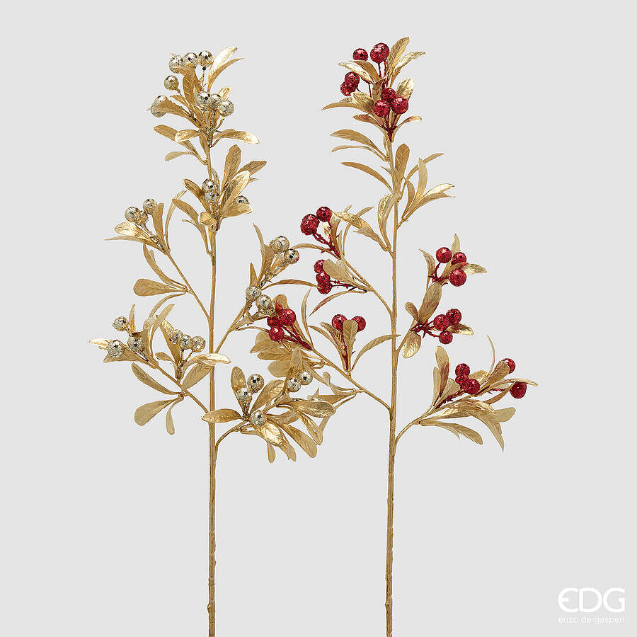 EDG Enzo De Gasperi Berry Branch with Leaves Red Gold H75 cm – 1 Assorted Piece Christmas Decoration