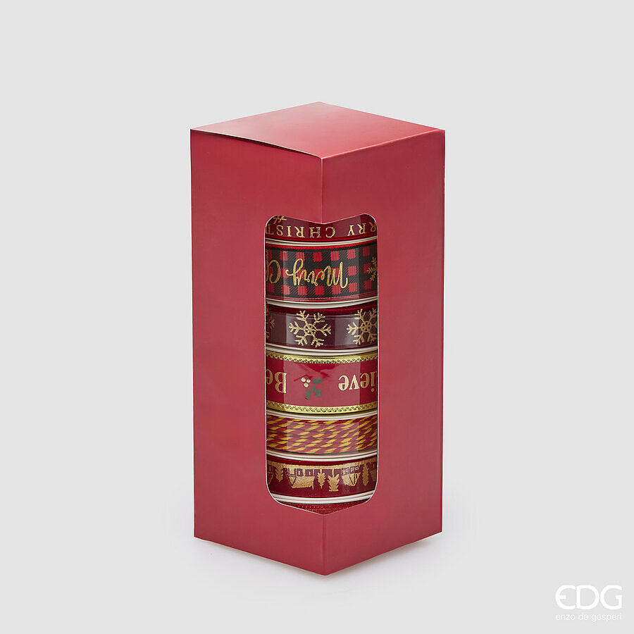 EDG Enzo De Gasperi Set 8 Nastri Merry Christmas H2,5 cm x 3 m Rosso Oro – Decorazioni Natalizie