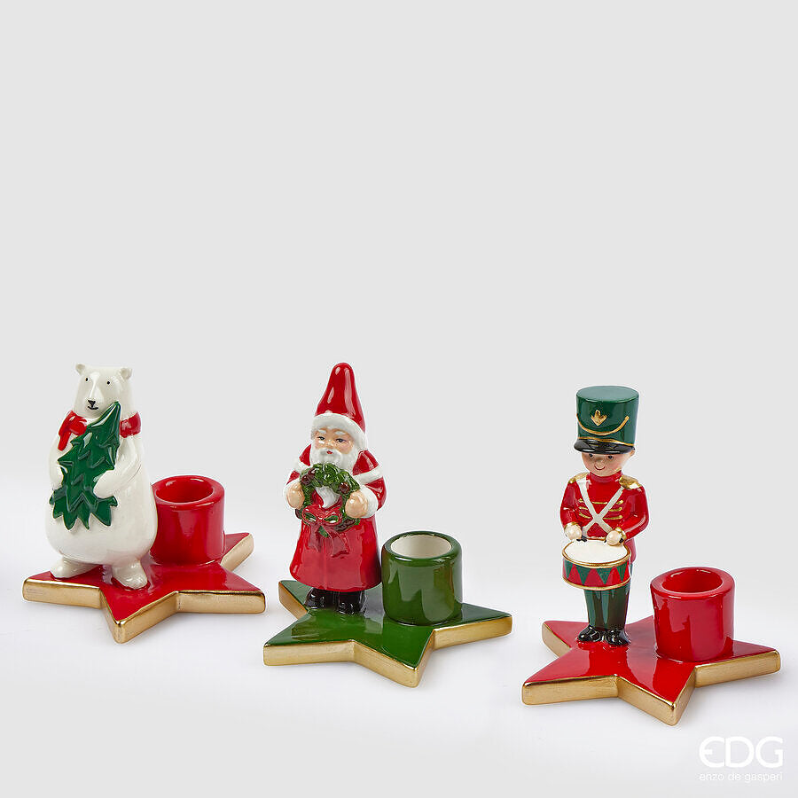 Santa Bear Soldier Candle Holder H 11 Cm Red Green 1 Pc