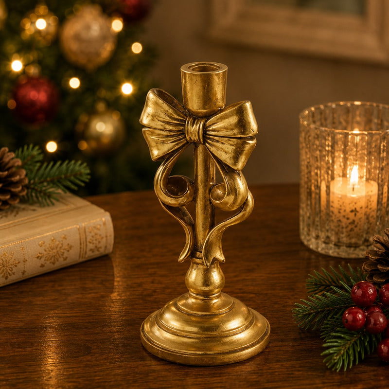 EDG Enzo De Gasperi Christmas Candle Holder with Bow H24x11.5x11.5 cm Dark Gold – Christmas Decoration