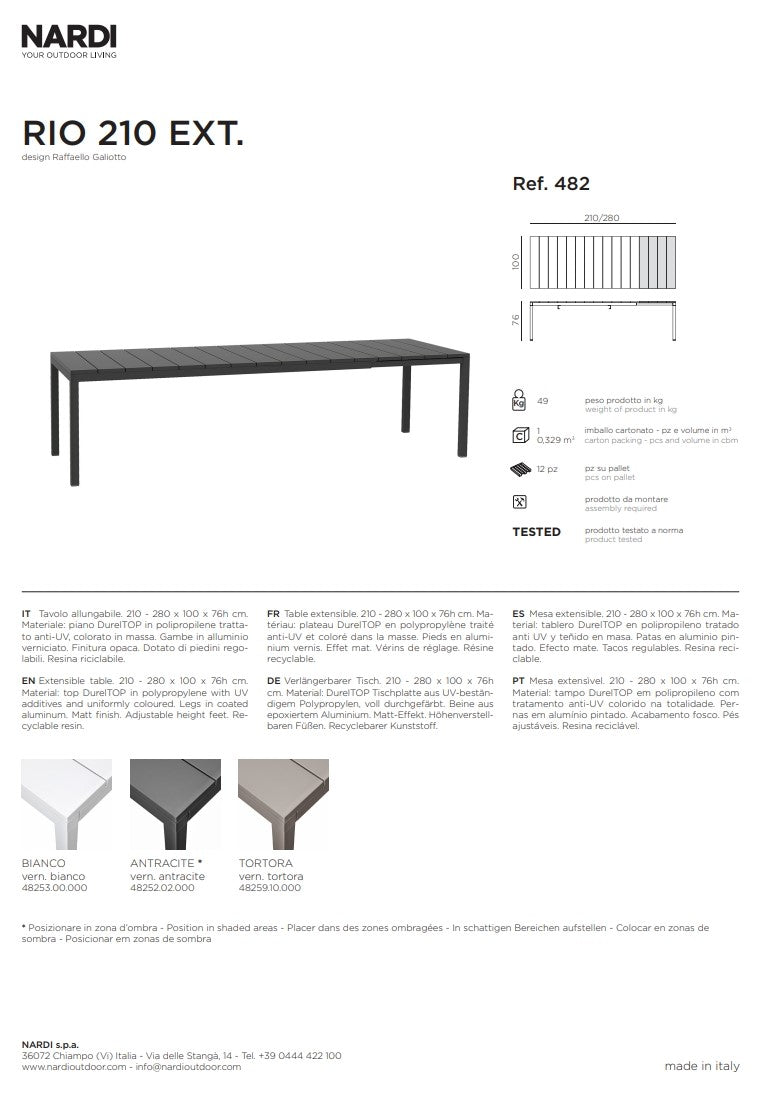 nardi nardi tavolo rio 210 extensible 210 280 x 100 cm h 76 cm alluminio antracite ean 8010352828629