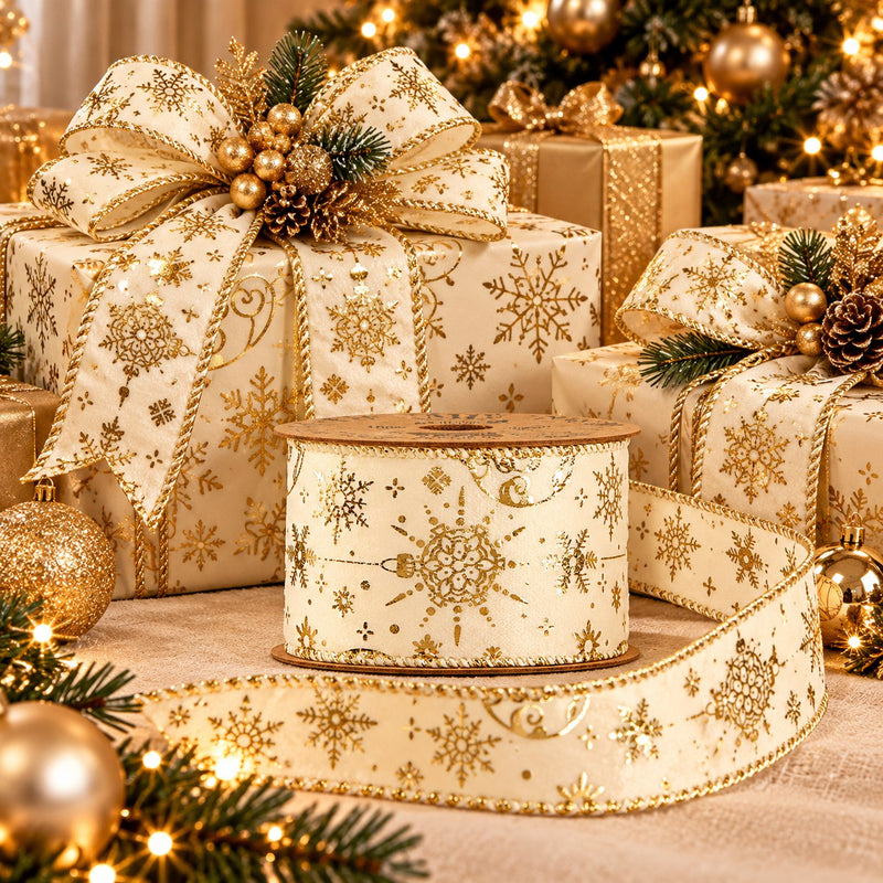 Piovaccari Gold Baubles Christmas Ribbon 63 mm x 10 m – Decorative Ribbon with Golden Christmas Baubles for Trees, Bows and Gift Wrapping