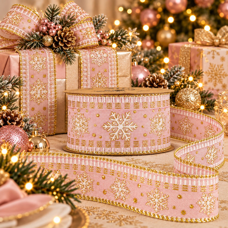 Piovaccari Snowflake in Pink Christmas Ribbon 63 mm x 10 m – Decorative Snowflake Ribbon for Christmas Trees, Bows and Gift Wrapping