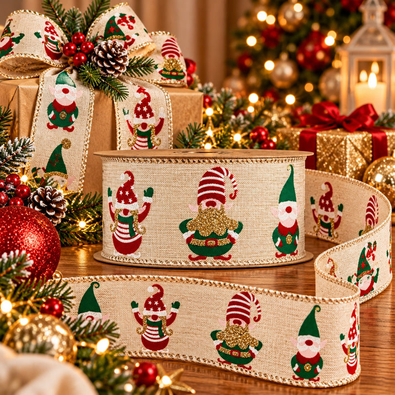 Piovaccari Christmas Ribbon Elfs 63 mm x 10 m – Decorative Ribbon with Christmas Elves for Trees, Bows and Gift Wrapping