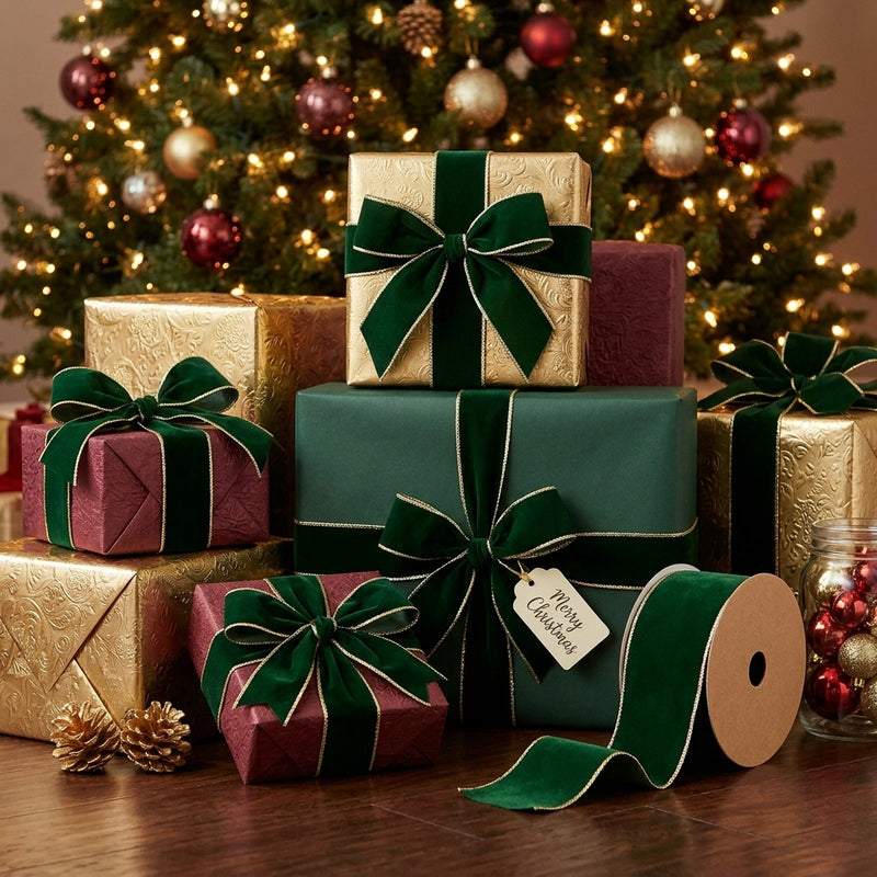 Piovaccari Ribbon Double Sides Velvet & Glitter Dark Green 100 mm x 10 m – Christmas Velvet and Glitter Ribbon for Christmas Trees, Bows and Gift Wrapping