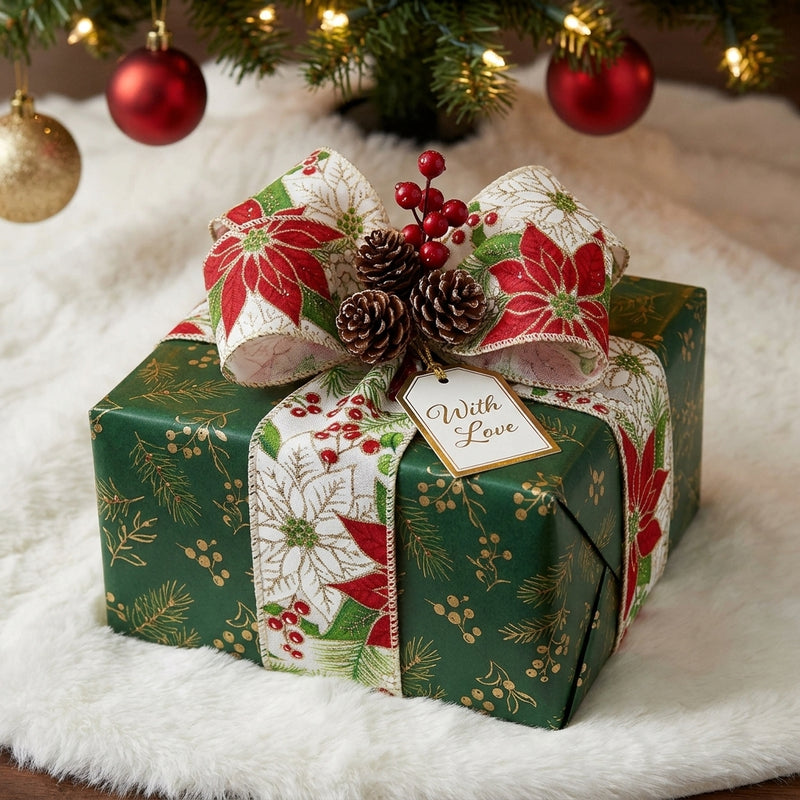 Piovaccari Nastro Stella di Natale 63 mm x 10 m – Decorative Christmas Ribbon with Poinsettia Motif for Trees, Bows and Gift Wrapping