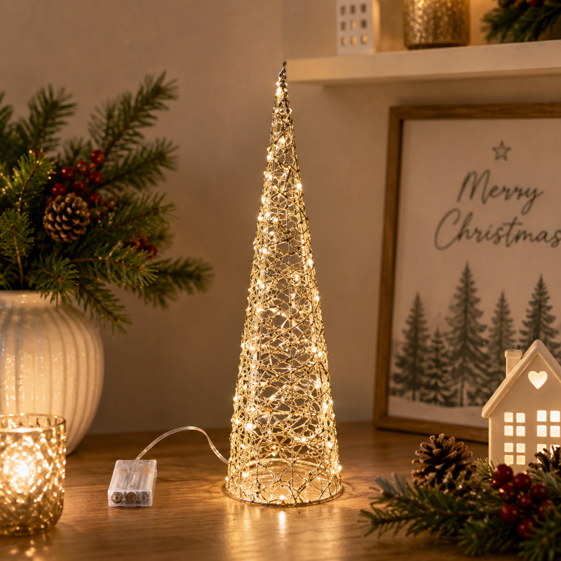 EDG Enzo De Gasperi LED Christmas Tree, Cone Weave, 40 Micro LEDs, 80 cm x 20 cm, IP20 Gold