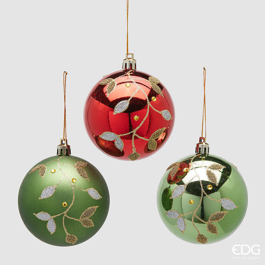 EDG Enzo De Gasperi Set 3 Mistletoe Christmas Baubles Ø8 cm Green Red Assorted – Christmas Tree Decorations 1 Pcs