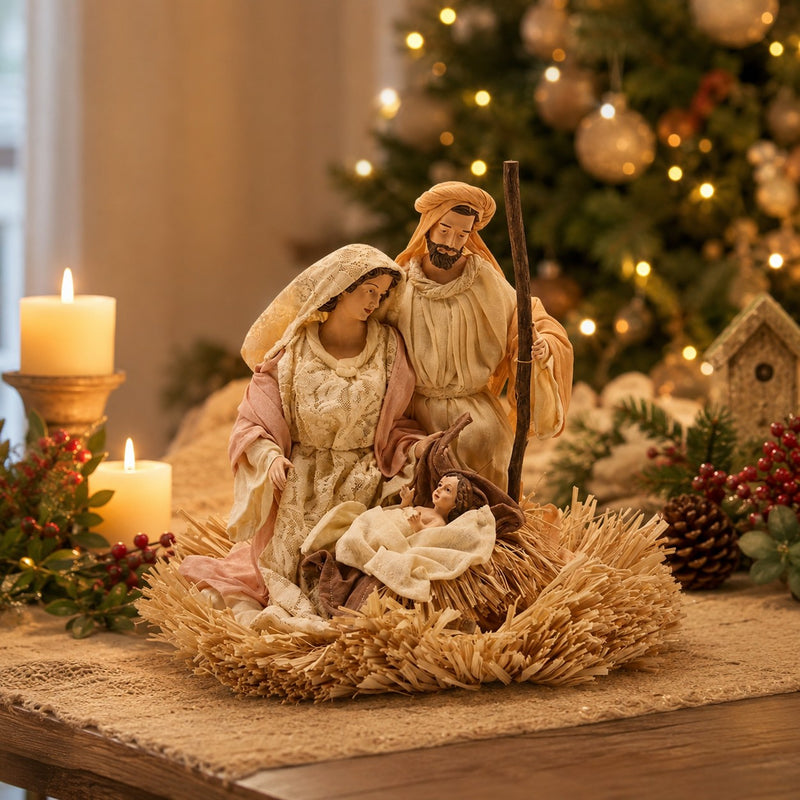 EDG Enzo De Gasperi Nativity Scene Lord Christmas with Straw Base H 32 Cm Ivory