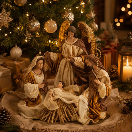 EDG Enzo De Gasperi Christmas Nativity Figurine Fabric with Angel H 43 Cm Ivory Gold