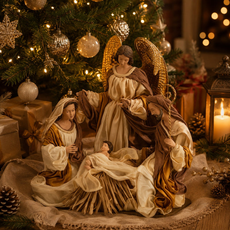 EDG Enzo De Gasperi Christmas Nativity Figurine Fabric with Angel H 43 Cm Ivory Gold