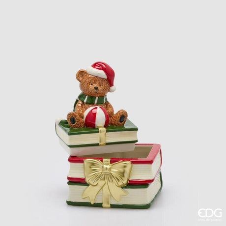EDG Enzo De Gasperi Christmas Bear Container with Books in Ceramic H23x16.5x16.5 cm Green Red – Christmas Decoration