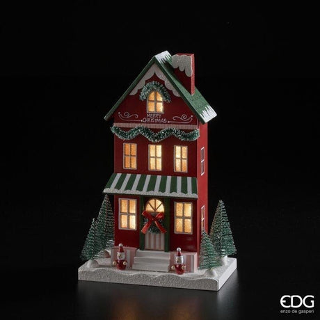 EDG Enzo De Gasperi Christmas Wooden House LED H27.5 cm Green Red – Christmas Decoration