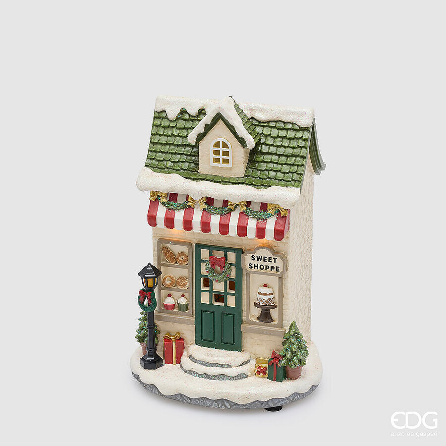 EDG Enzo De Gasperi Diorama Christmas House Green Red with LED 17x12xH24 cm – Christmas Decoration