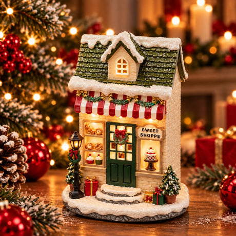 EDG Enzo De Gasperi Diorama Christmas House Green Red with LED 17x12xH24 cm – Christmas Decoration