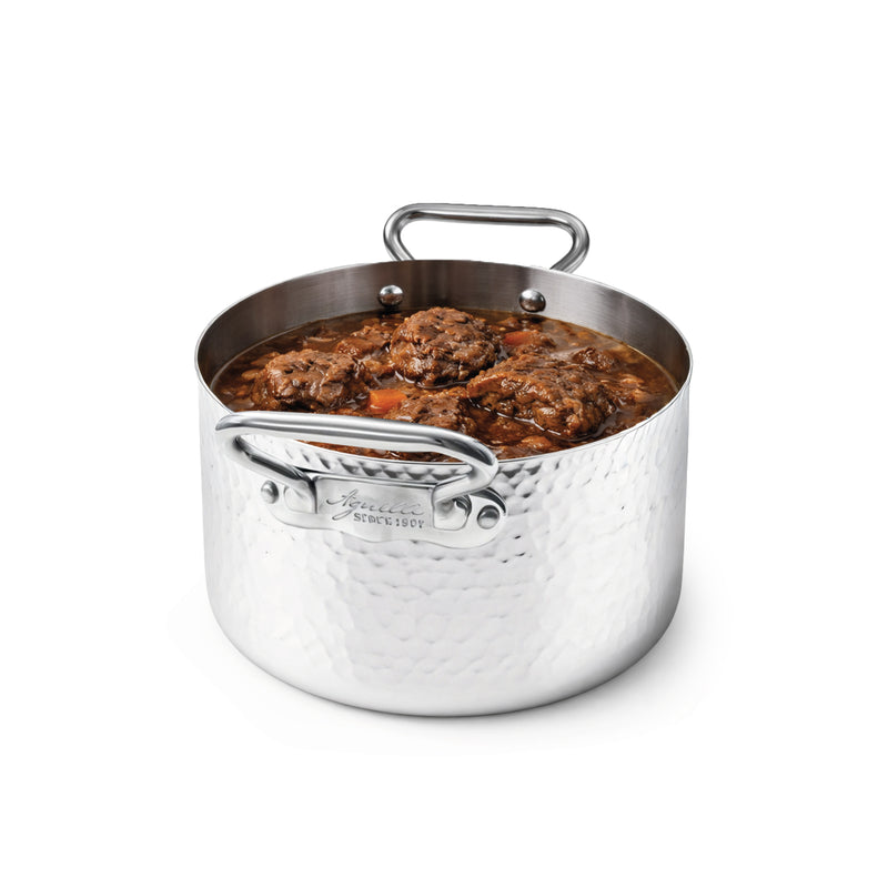 AGNELLI High Hammered Aluinox 3 Ply Casserole 16x12 Cm with 2 Stainless Steel Handles