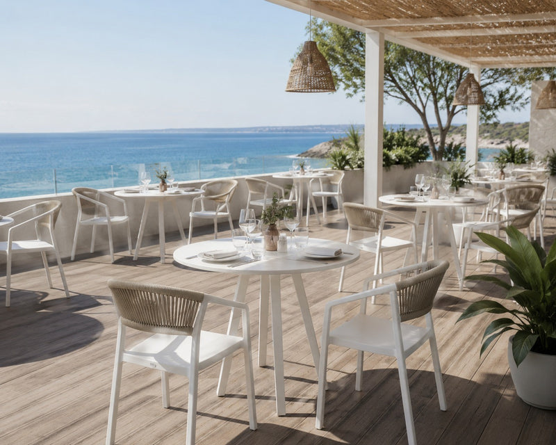 Moia Greenwood Armchair Lione Chair in White Polypropylene with Straw Rope – Stackable UV Resistant Outdoor Chair