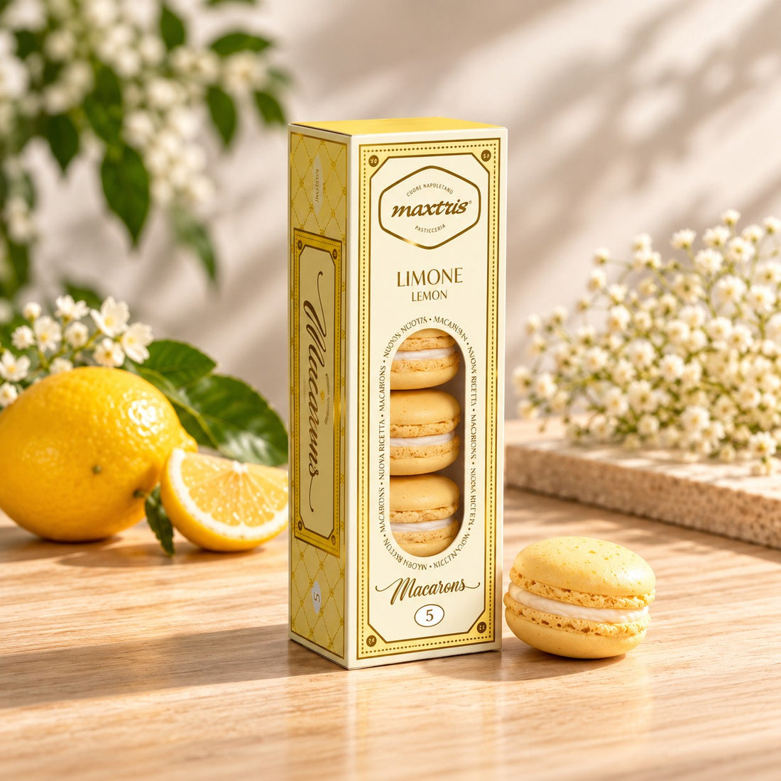 Maxtris Macarons Limone Giallo 70 g 5 Pezzi – Dolcetti Macarons al Gusto Limone per Feste, Confettate e Idee Regalo