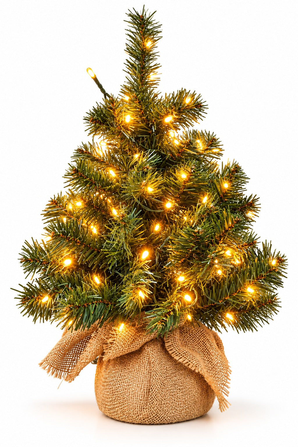 Artificial Christmas Tree Green with 120 LED Lights H 60 Cm Warm White and Jute Base – Mini Luminous Decorative Christmas Tree for Home