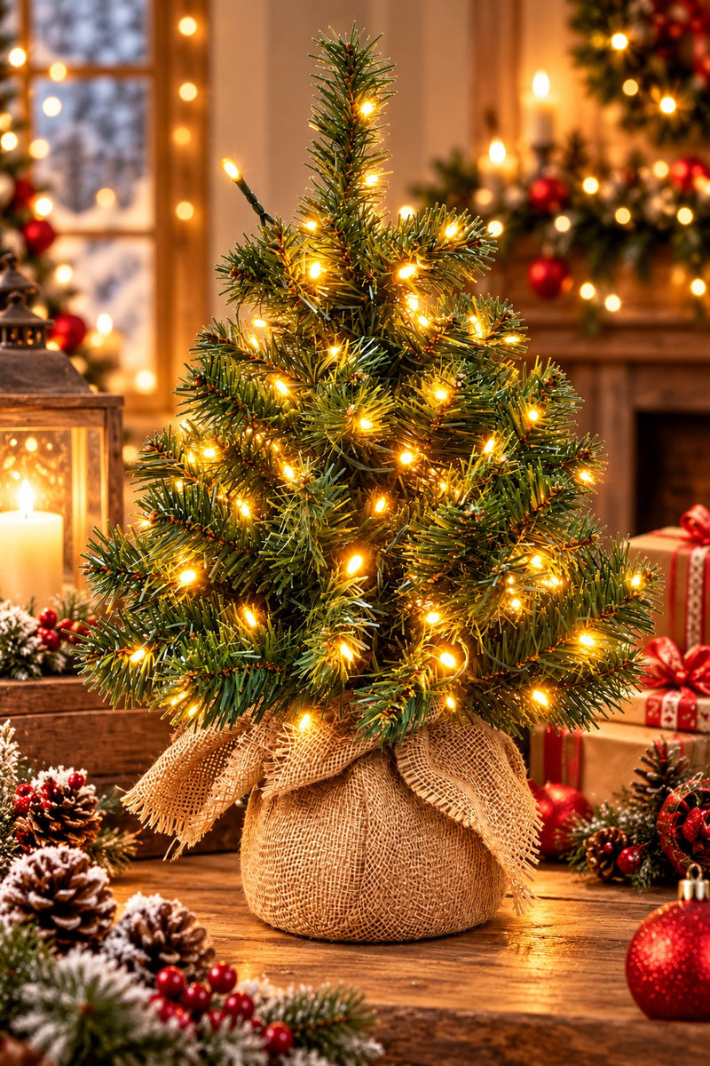Artificial Christmas Tree Green with 120 LED Lights H 60 Cm Warm White and Jute Base – Mini Luminous Decorative Christmas Tree for Home