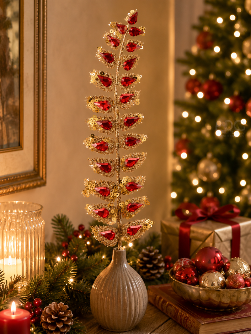 EDG Enzo De Gasperi Christmas Decoration Fern Diamonds Pick H 25 Cm 23 Gems Red