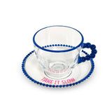 WD LifeStyle Set 2 Tazze 230 Ml in Vetro con Piattino Decorazione "Take it slow" e "Keep it chill" Rosa Blu
