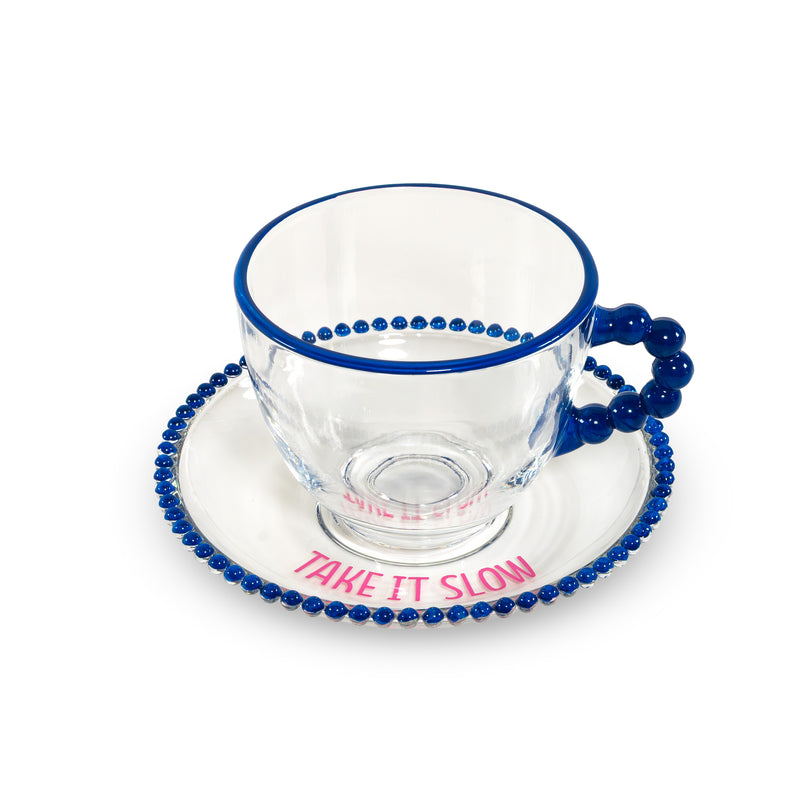 WD LifeStyle Set of 2 Glass Mugs, 230 ml, with Saucers, "Take it slow" and "Keep it chill" Decoration, Pink Blue