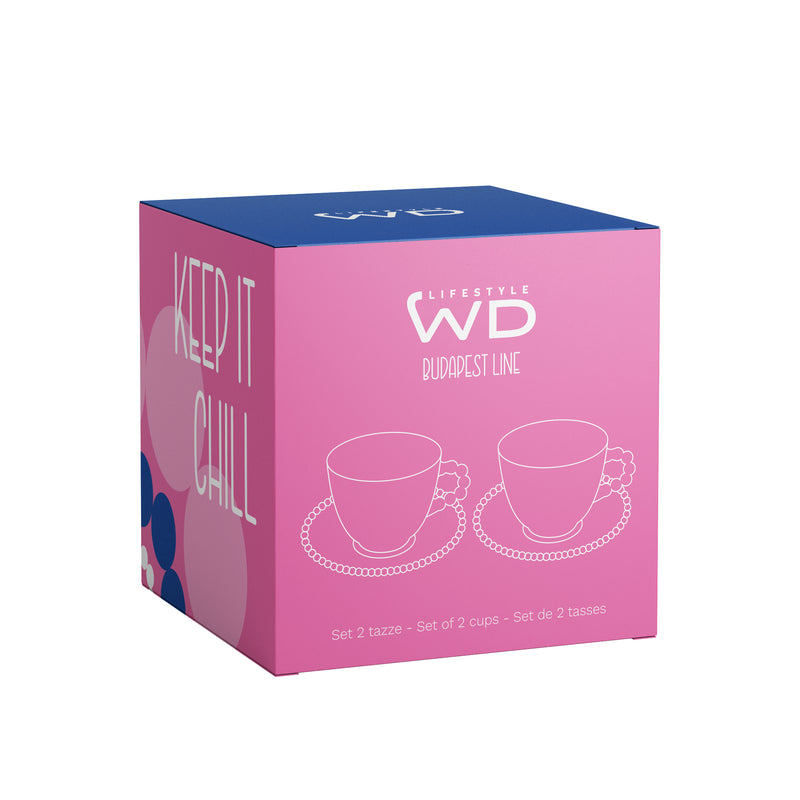 WD LifeStyle Set of 2 Glass Mugs, 230 ml, with Saucers, "Take it slow" and "Keep it chill" Decoration, Pink Blue