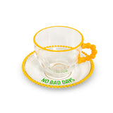 WD LifeStyle Set of 2 Glass Cups 230 ml with Saucer "Good energy only" and "No bad days" Decoration Yellow Green
