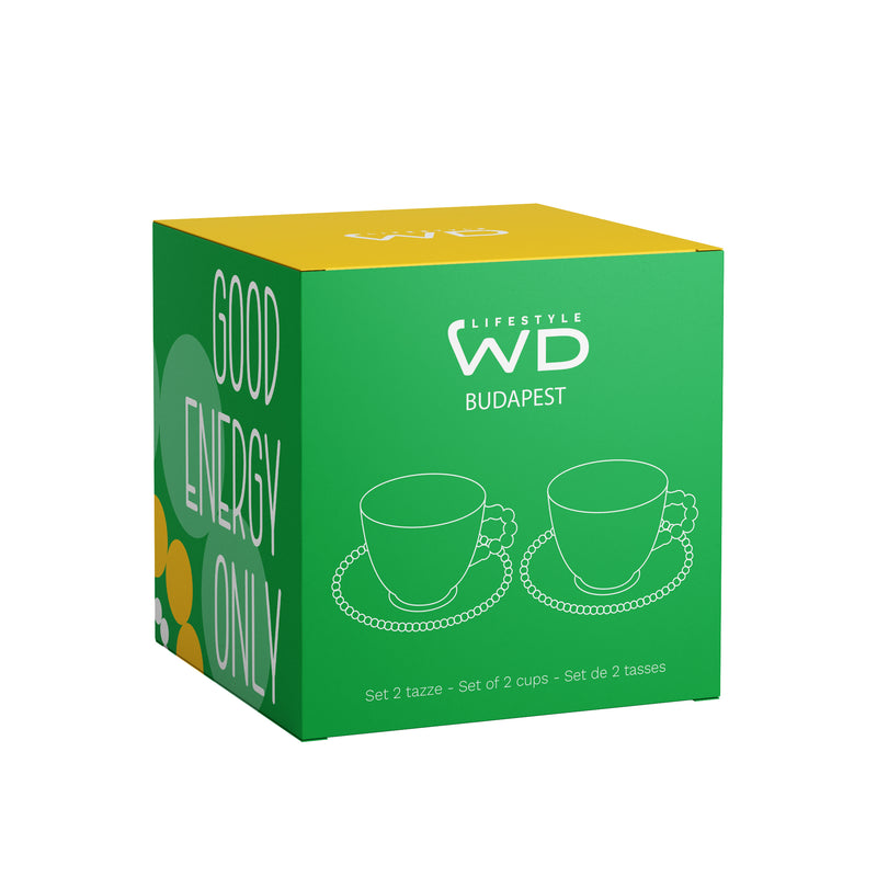 WD LifeStyle Set of 2 Glass Cups 230 ml with Saucer "Good energy only" and "No bad days" Decoration Yellow Green