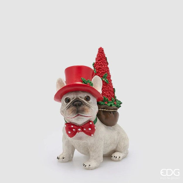 EDG Enzo De Gasperi Cane Bulldog con Pino H28,5 cm Bianco Rosso – Decorazione Natalizia