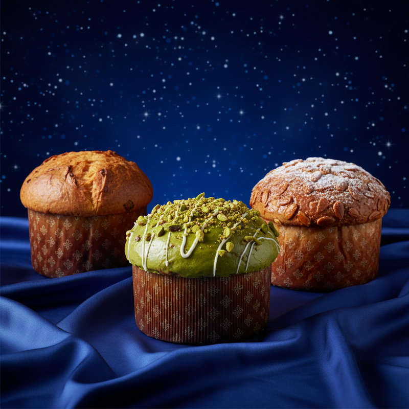 Collezione panettoni su velluto blu con stelle