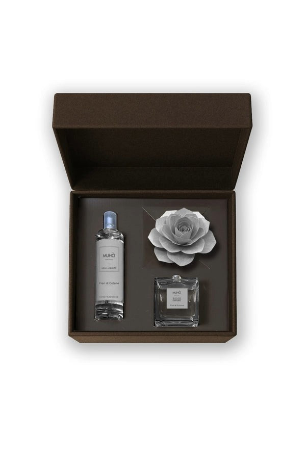 Muhà Cofanetto Regalo Profumatore Ambiente a Forma di Rosa Fiori di Cotone + Spray 100 ml – Idea Regalo Natale
