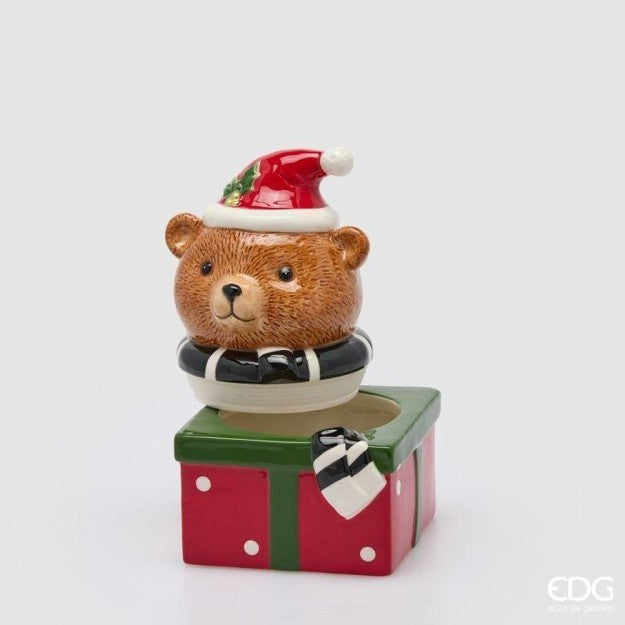 EDG Enzo De Gasperi Contenitore Natalizio Orso con Sciarpa in Ceramica H24x16x15 cm Verde Rosso – Decorazione di Natale
