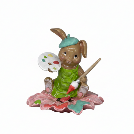 Statuina coniglio pittore Arpimex su fiore rosa 15cm: decorazione Pasqua e bomboniera in resina. ean 8018318439698