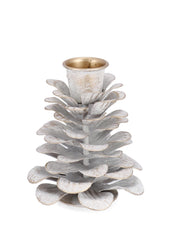 Bizzotto Harriet Christmas Candle Holder, 1-Place, Pine Cone Shape, H 8.5 cm D 7 cm, White Metal
