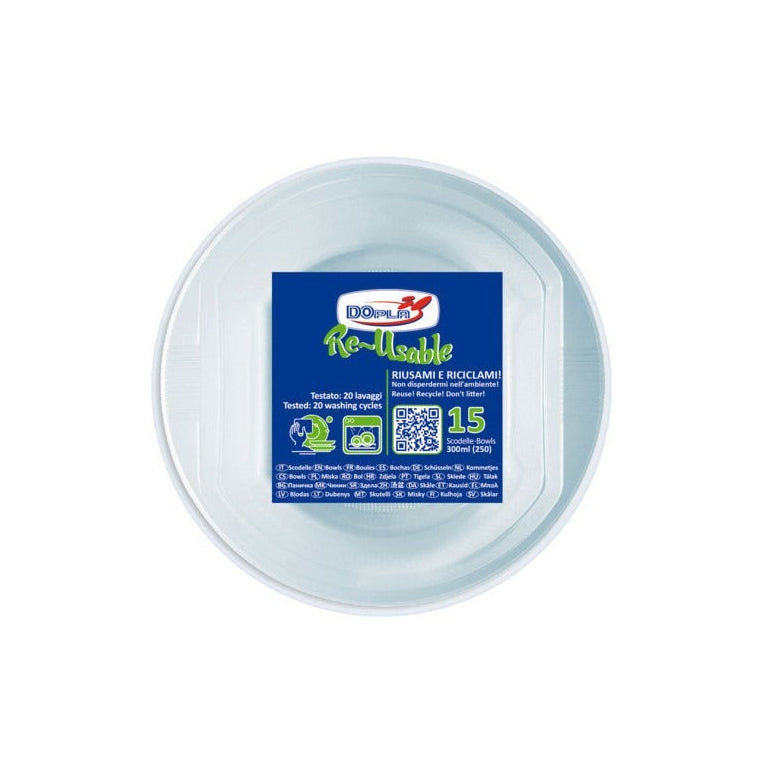 Servi con praticità: scodelle Dopla Reusable in PS trasparente da 300 ml, lavabili 20 volte. Ideali per catering ed eventi. 15 pz