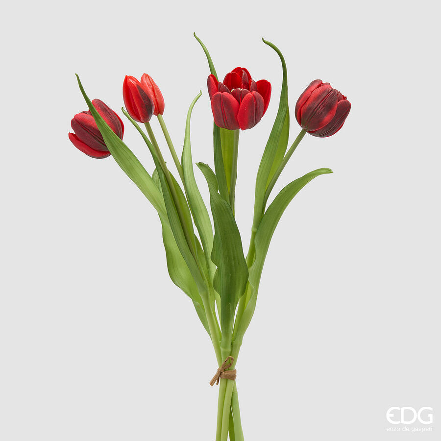EDG Enzo De Gasperi Closed Tulip Bouquet X4 H 40 Cm with Red Grenat Bu ...