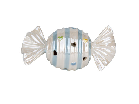 Illumina camerette e battesimi con la candy caramella baby Etm in porcellana celeste con LED, H. 15 cm. Bomboniera luminosa originale.