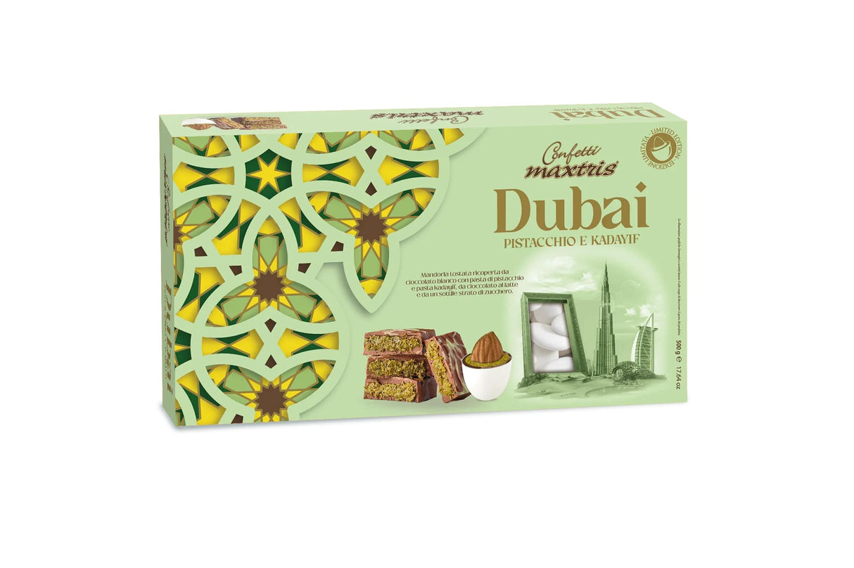 maxtris maxtris confetti ciocomandorla dubai bianco mandorla tostata e cioccolato al pistacchio 500 gr ean 8022470876840