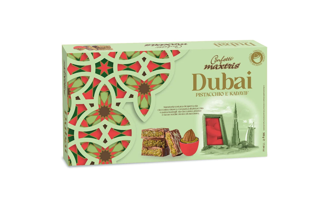 maxtris maxtris confetti ciocomandorla dubai rossa mandorla tostata e cioccolato al pistacchio 500 gr ean 8022470876864