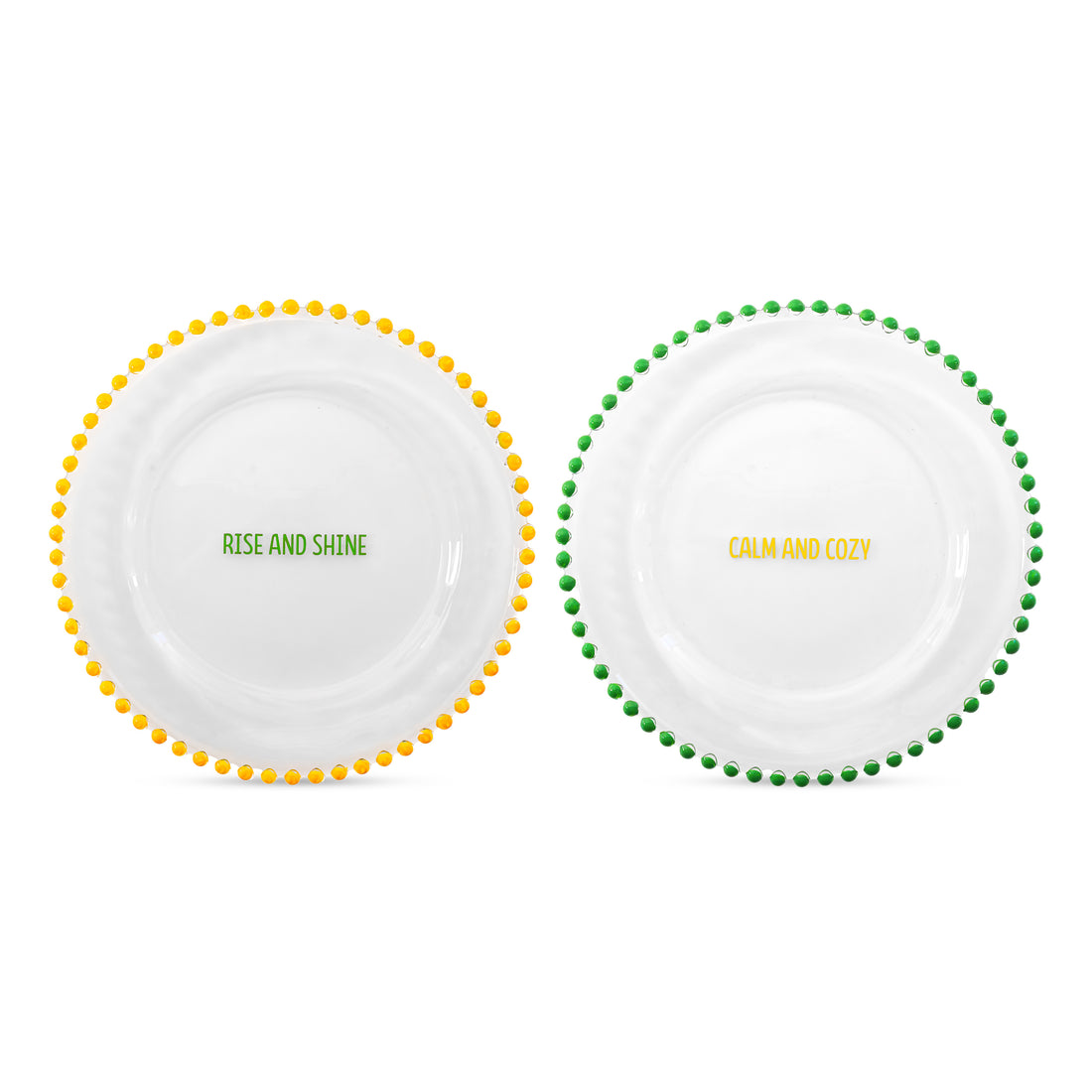 wd lifestyle wd lifestyle set 2 piattini d 195 cm in vetro decorazione rise and shine e calm and cozy giallo verde ean 8055035685038