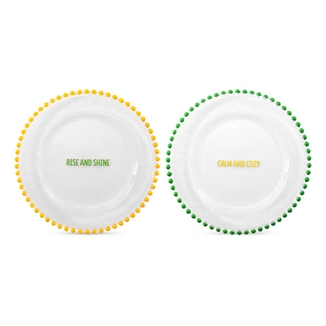 wd lifestyle wd lifestyle set 2 piattini d 195 cm in vetro decorazione rise and shine e calm and cozy giallo verde ean 8055035685038