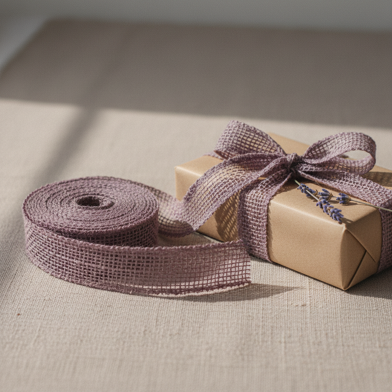 Nastro juta lavanda naturale per confezioni e decorazioni rustiche; eventi, cerimonie, bomboniere. fioraio. Arpimex 35 mm × 18 mt. ean 8018318258374