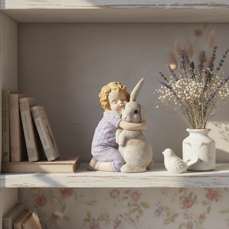 Decora casa con la statuina Arpimex Bimba con Coniglio Lavanda, resina 16×10 H 21 cm. Regalo Pasqua originale ean 8018318689697
