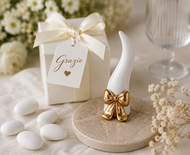 cupidoco cupidoco cornetto bianco con fiocco oro h 120 mm con scatola ideale bomboniera ean 8058196016260